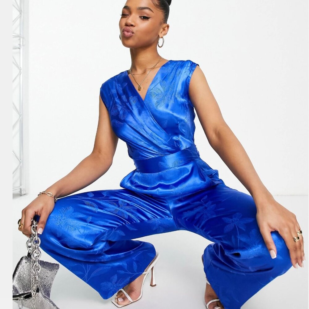 💙 Closet London Satin Jacquard Wrap Jumpsuit – Cobalt Floral, Size US 6